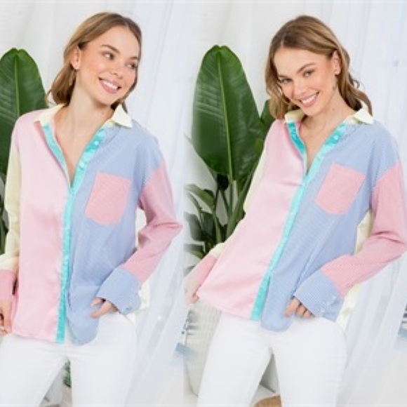 Color block striped button down long sleeve top - Picture 6 of 7